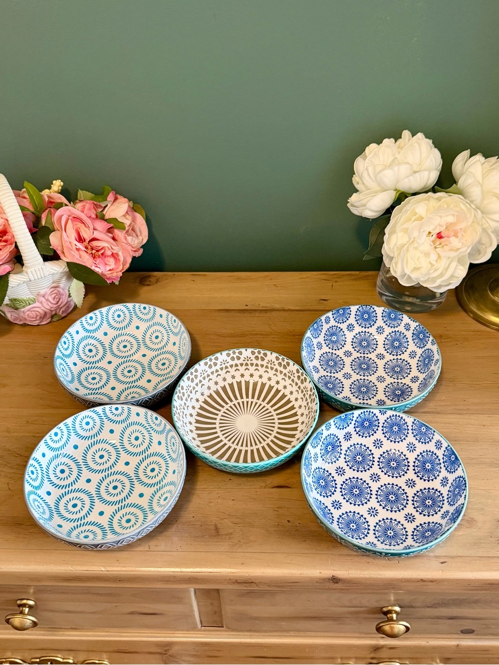 5 Signature Housewares Stoneware Bowls Blue Teal Grey Pattern 14.5oz - Picture 2 of 8